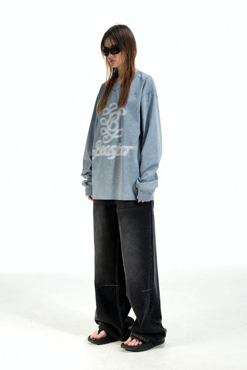 White Ink Printed Logo Long Sleeve Sweatshirt-Blue Grey